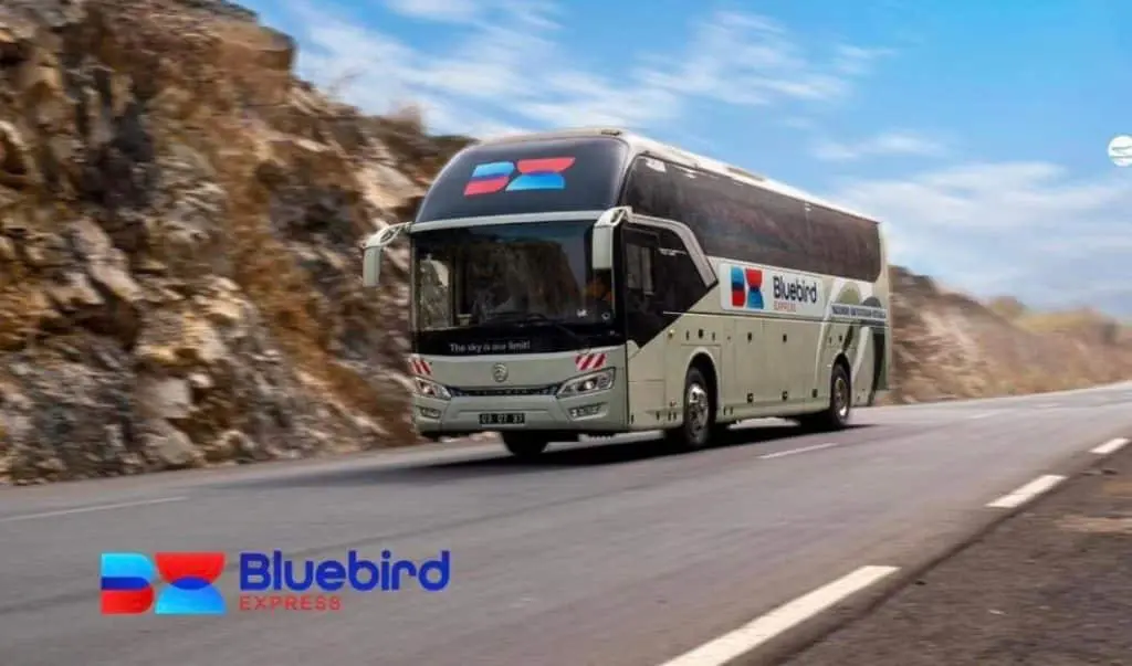 Autocar Bluebird Express sur la route de Bafoussam